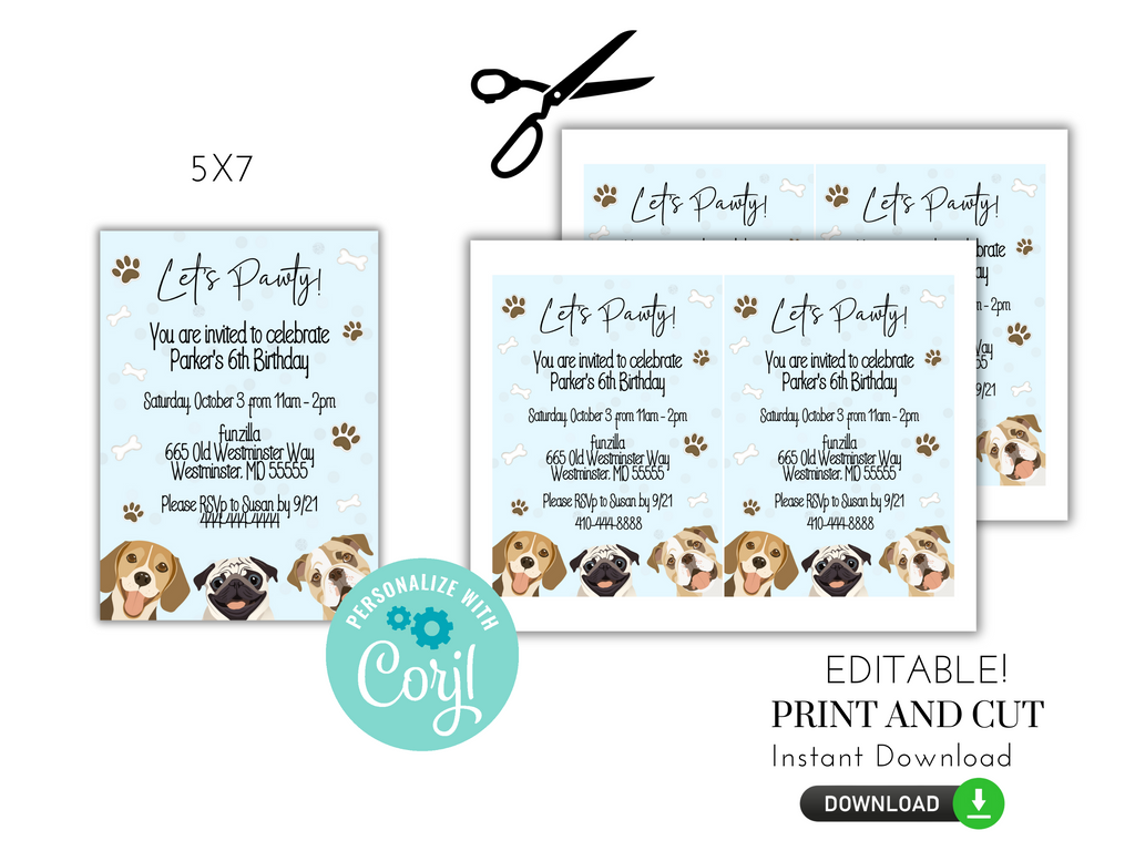 Printable and Editable Let's Pawty Invitation