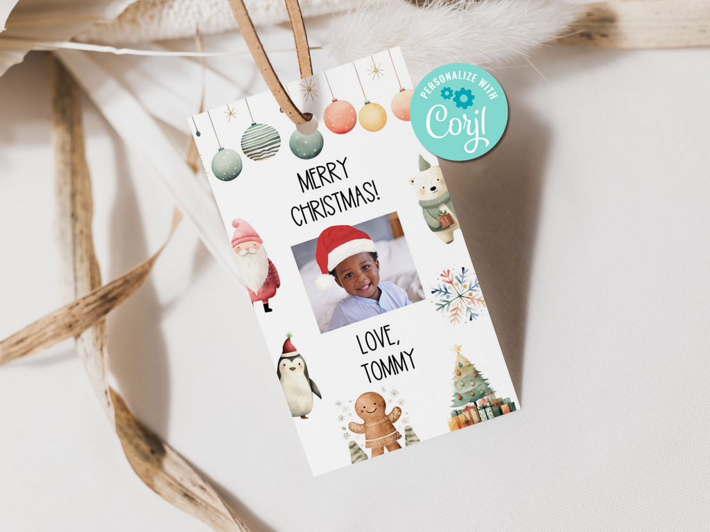 Printable and Editable Christmas Tag with Photo and Santa Hat