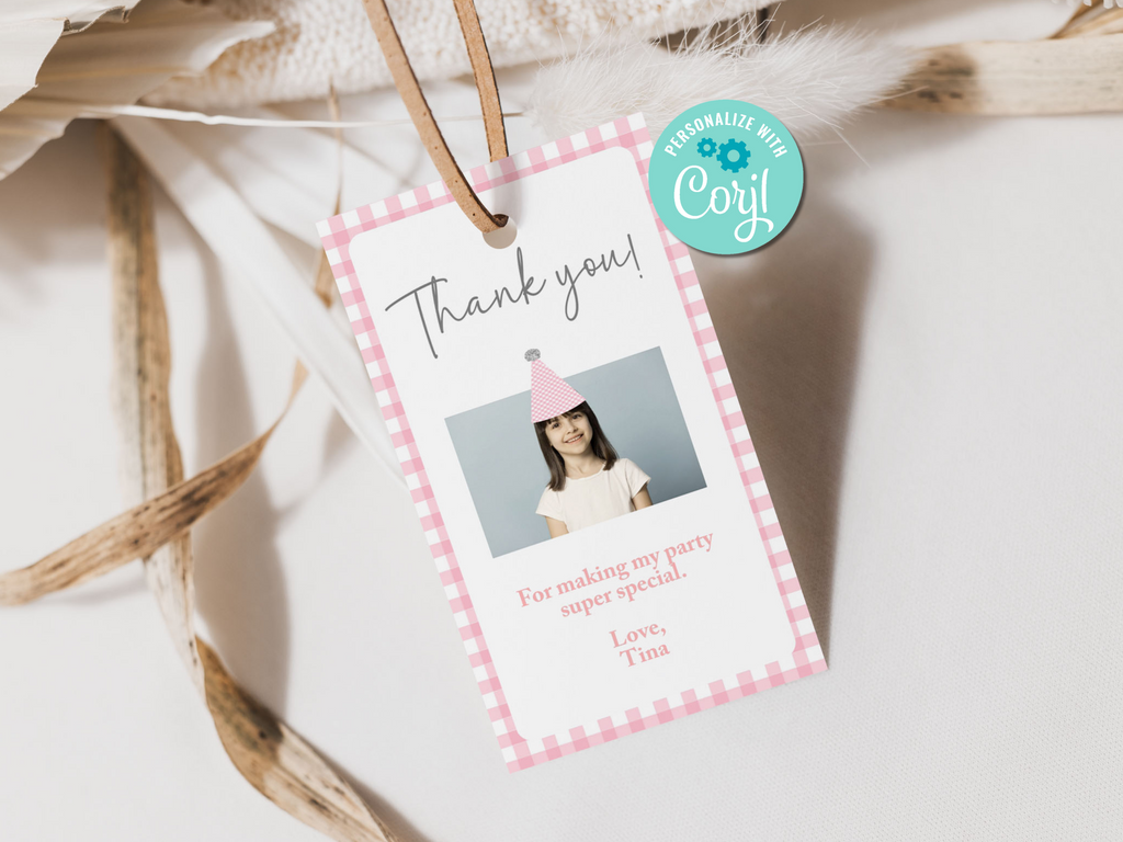 Printable and editable photo favor tags in pink gingham design.
