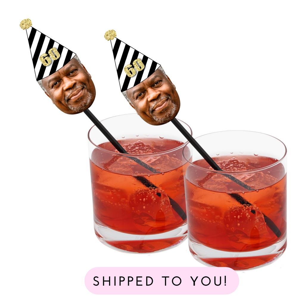 Custom photo drink stirrers with face and black and white party hat