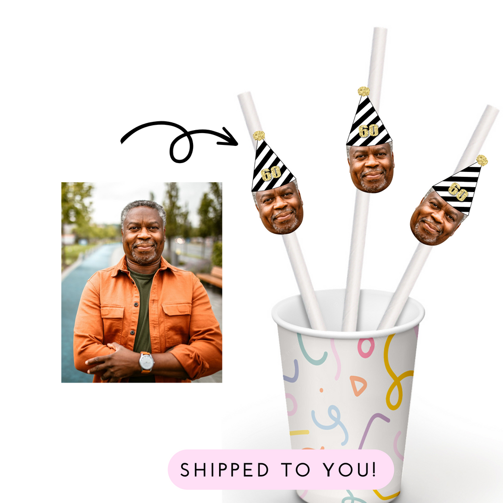 Custom 60th birthday photo straws with face and party hat