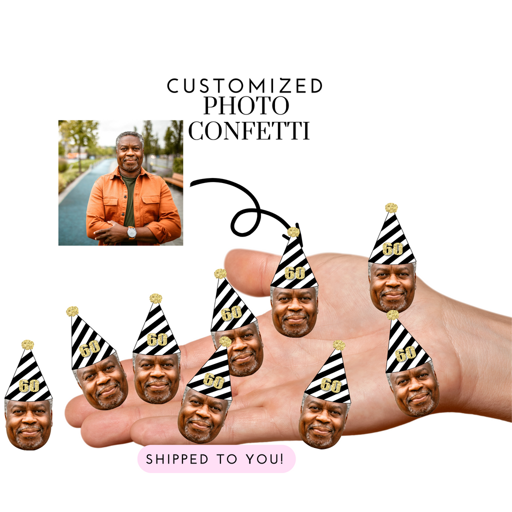 60th Birthday Photo Confetti with Black and White Party Hat