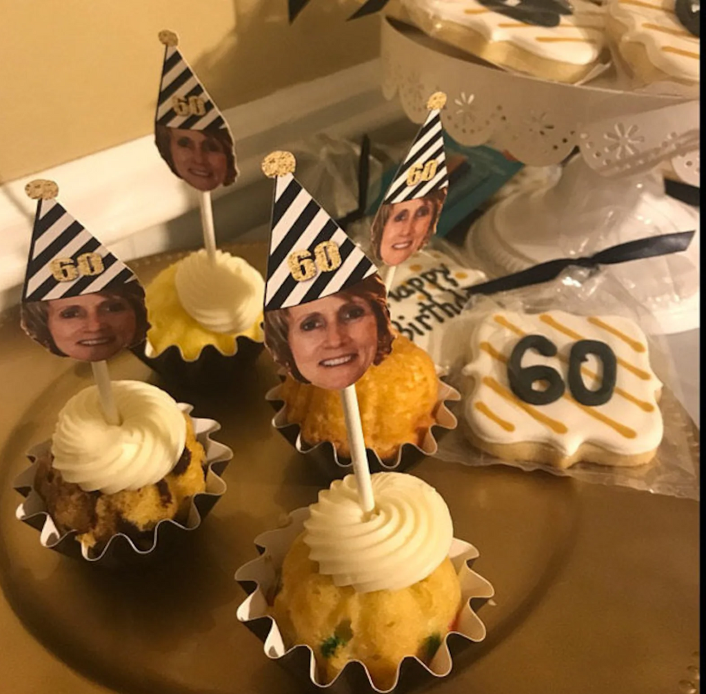60th birthday cupcake toppers with face and party hat
