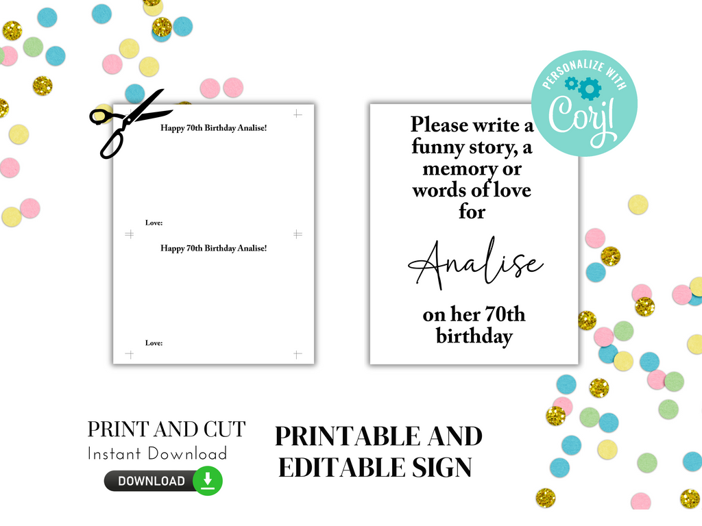 Printable and editable birthday sign with customizable text on a white background with confetti.