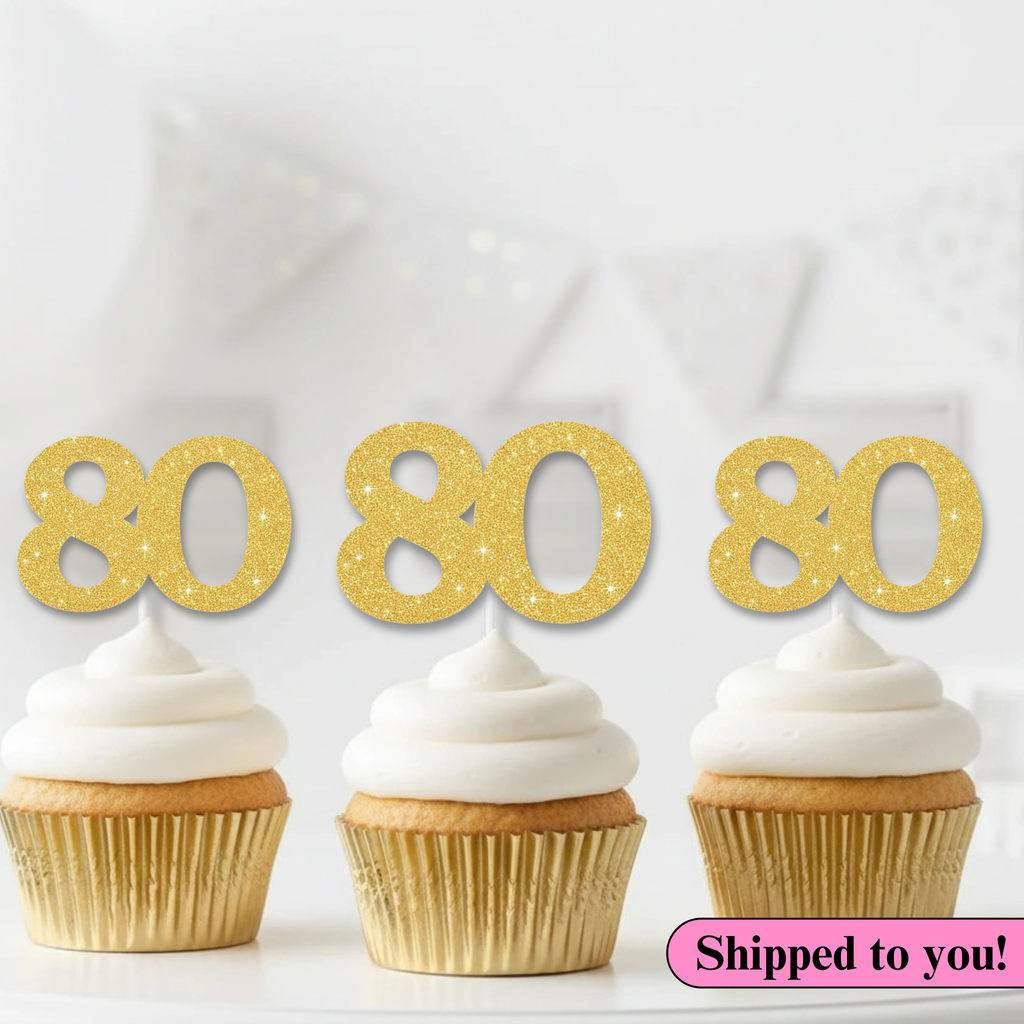 80th Birthday Glitter Cupcake Toppers