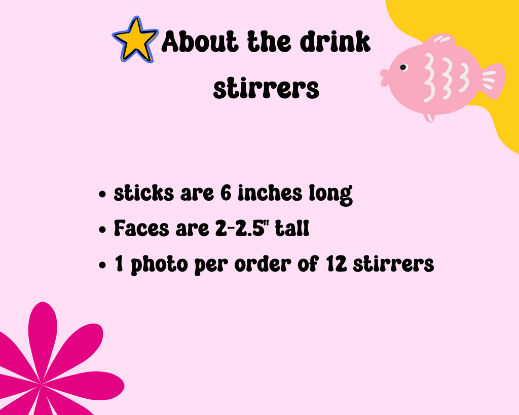 Personalized drink stirrer featuring face and a black and white party hat