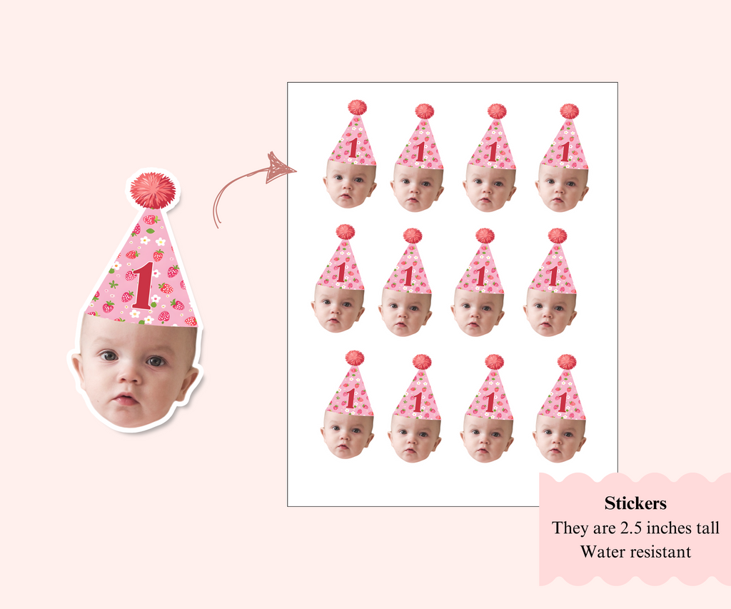 Adorable strawberry party favors with red strawberries, white flowers, and pink party hats