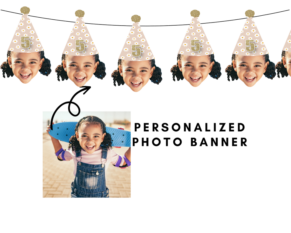 Personalized BOHO photo banner with daisy party hat
