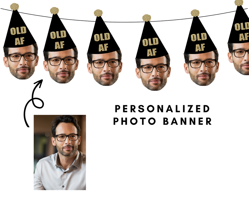 Photo banner with old af party hat on top