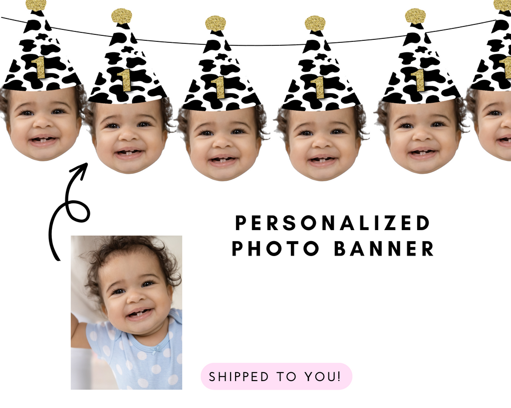 Customized photo banner with holy cow i'm one birthday party