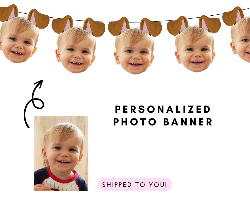 Personalized photo banner with puppy ears for let's pawty party