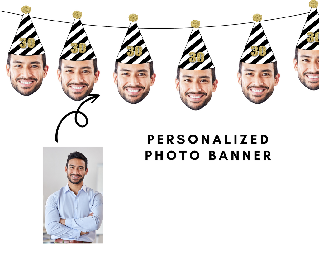 Custom photo birthday banner with party hat