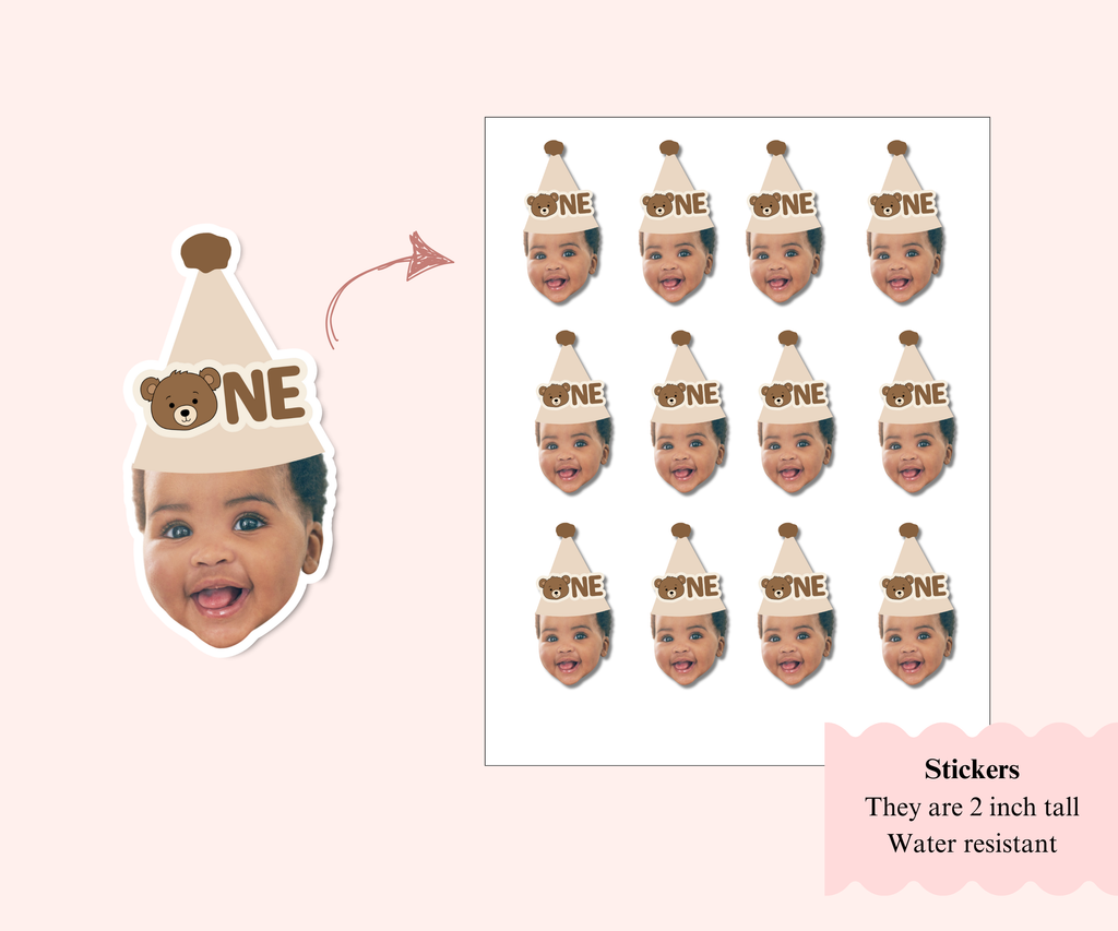 Beary first birthday party favor stickers with personalized image