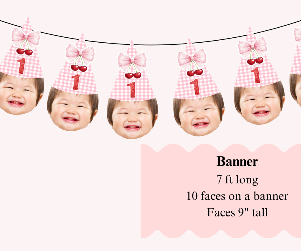 Personalized Cherry First Birthday Party Banner with Baby’s Face – Adorable custom banner with a cherry design and baby's face for a fun first birthday celebration.