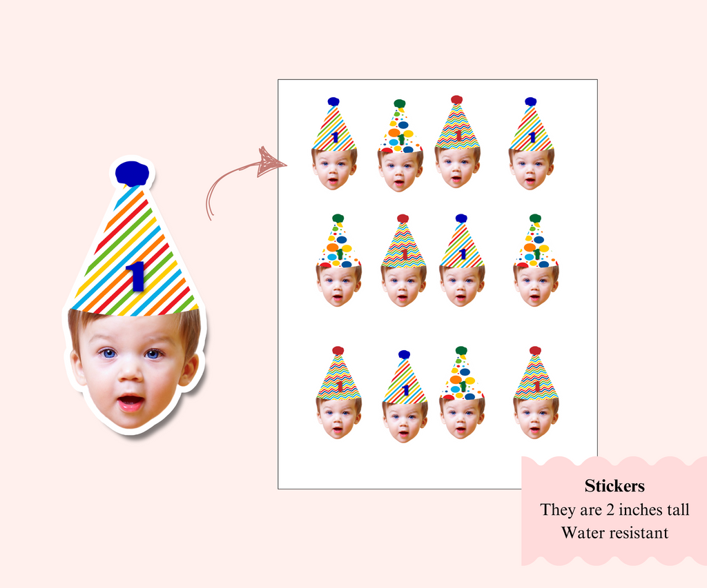 Stickers of a baby wearing a birthday hat with colorful decorations on a pink background.