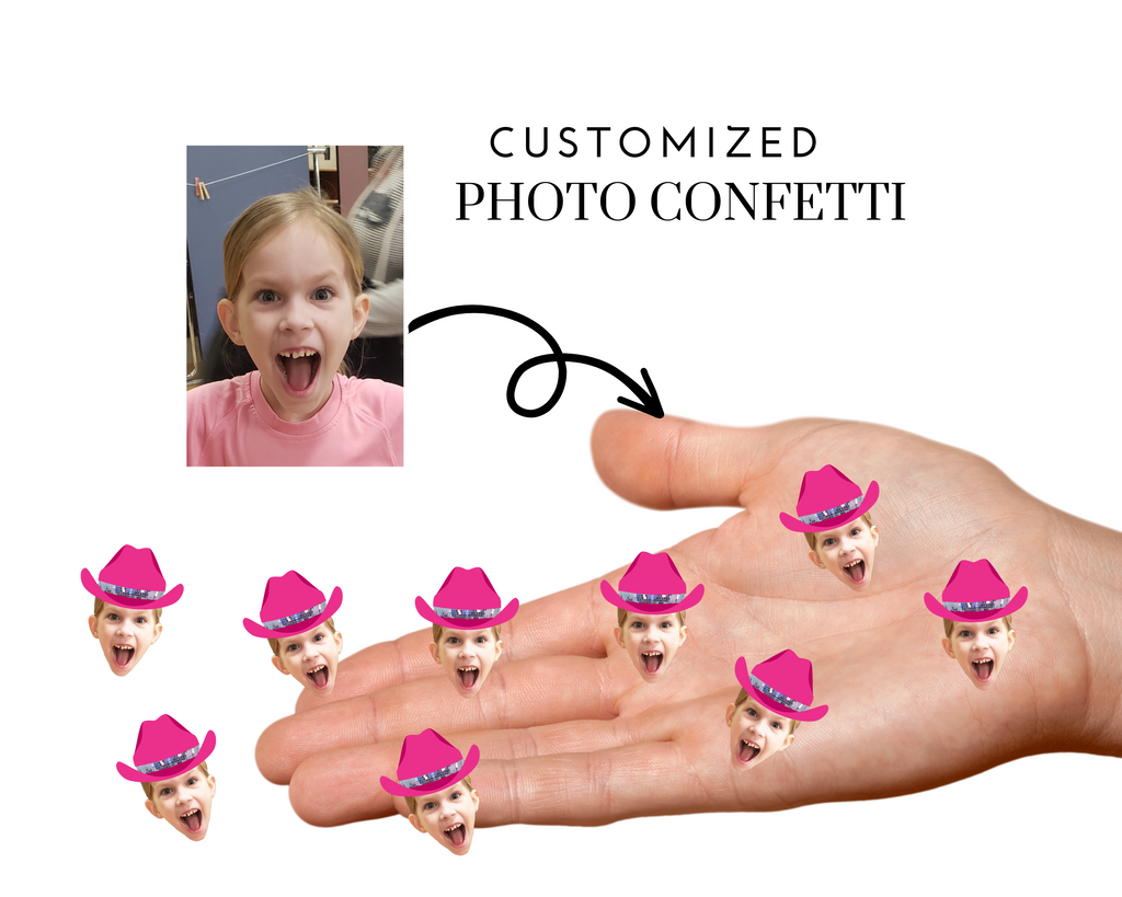 Custom photo confetti with a disco cowgirl hat on top