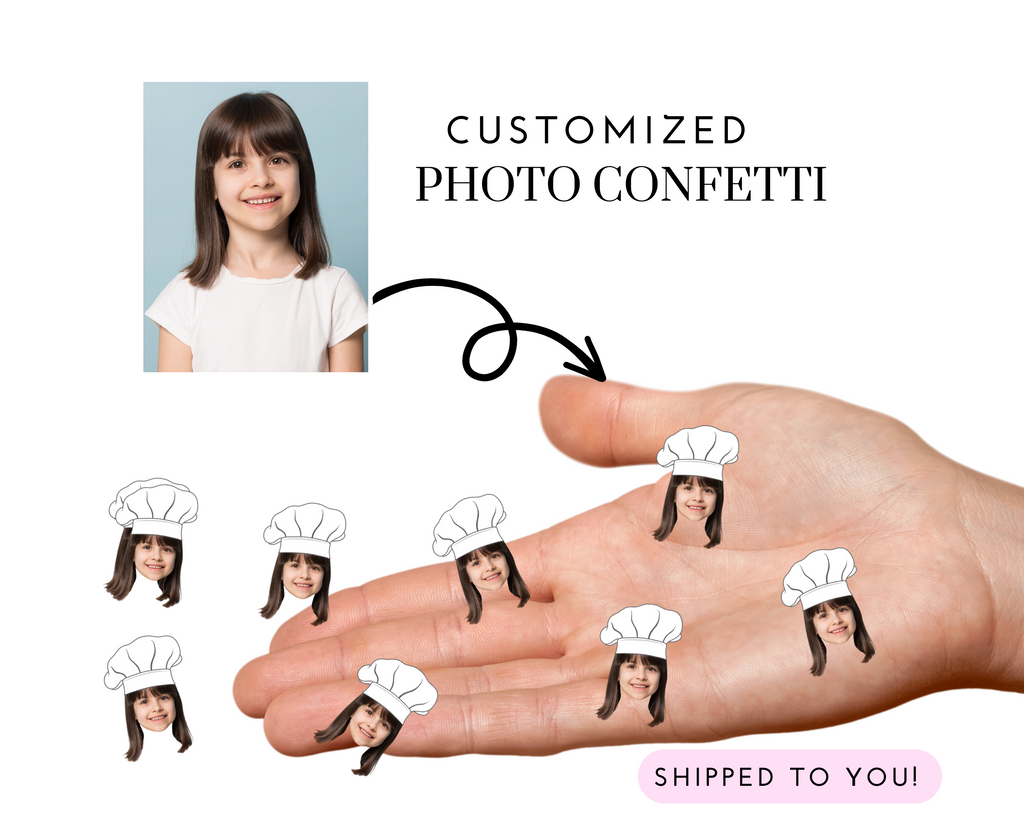 Custom photo confetti with chef hat. Perfect for a pizza party.