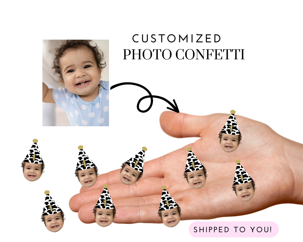 Photo confetti with cow print party hat for holy cow i'm one party