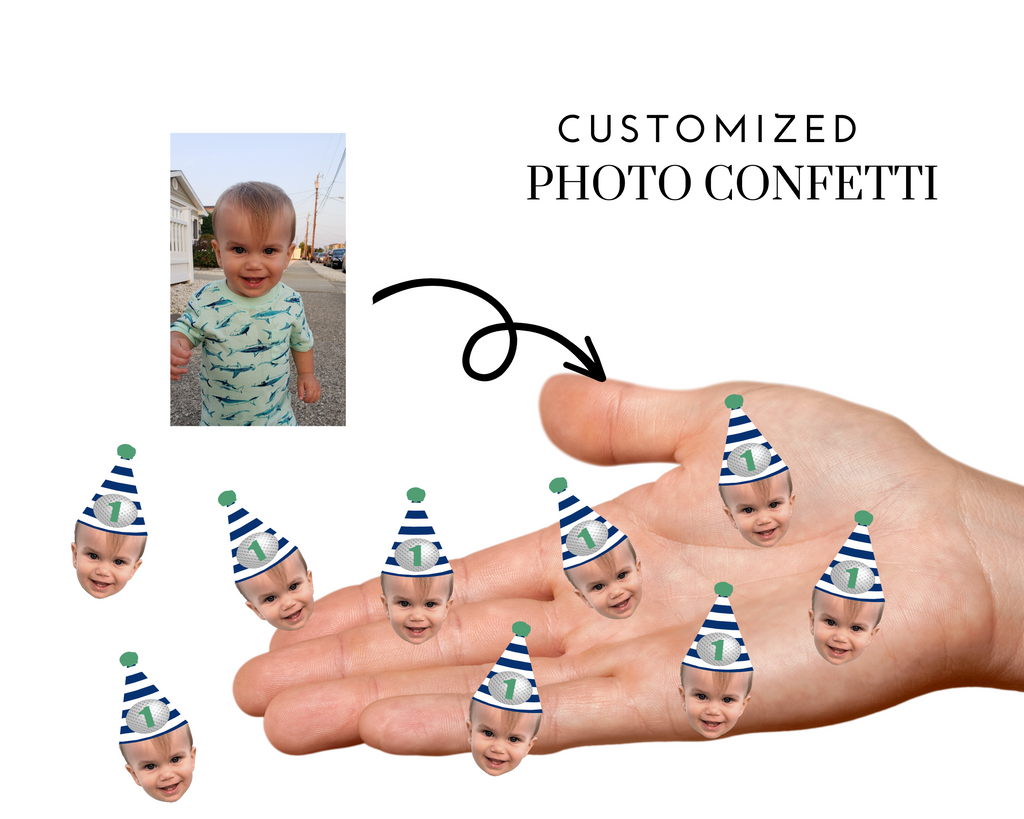 Custom photo confetti with golf party hat on top
