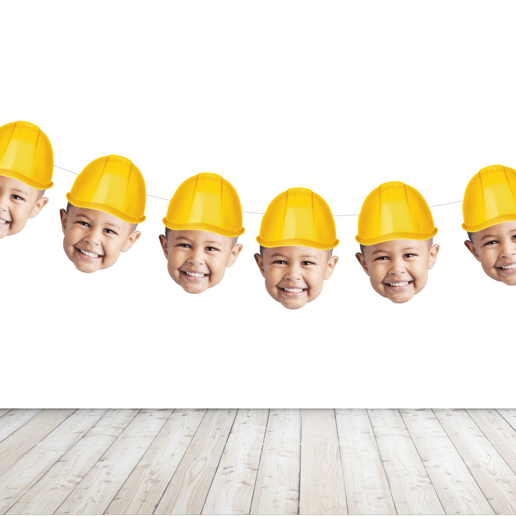 Construction banner with photo and hard hat