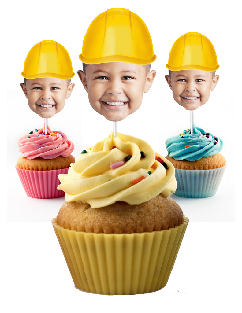 Construction cupcake toppers with photo and yellow hard hat