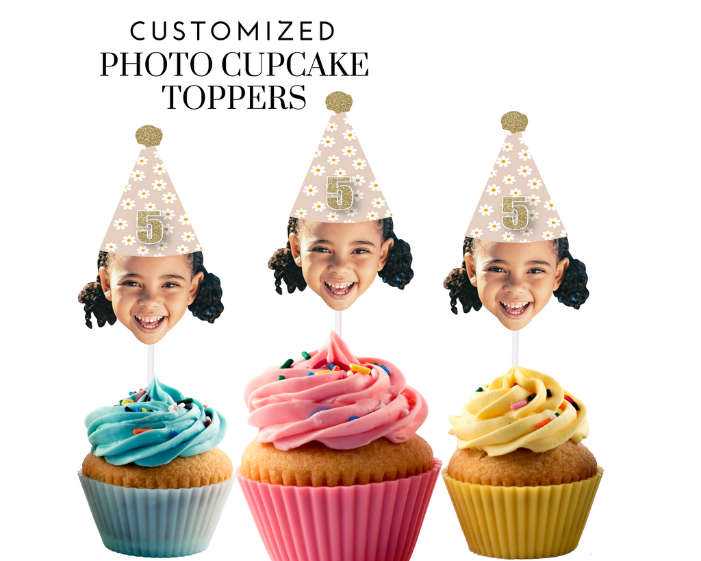 Cupcake Toppers with Photo and Daisy Birthday Hat (12 count)