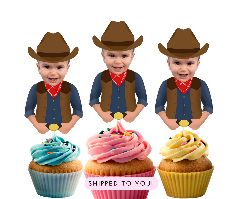 Rodeo cupcake toppers customized with cowboy and cowboy hat and photo