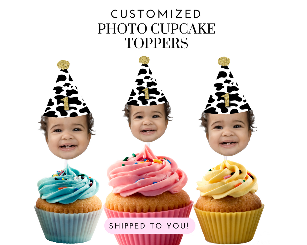 Holy cow i'm one cupcake toppers with photo and party hat