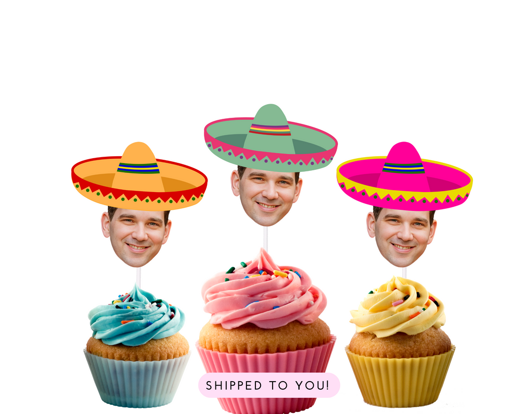 fiesta cupcake toppers with photo and sombreros