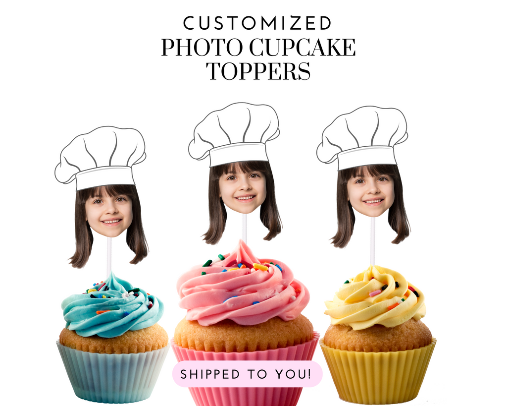 Photo cupcake toppers with chef hat on top