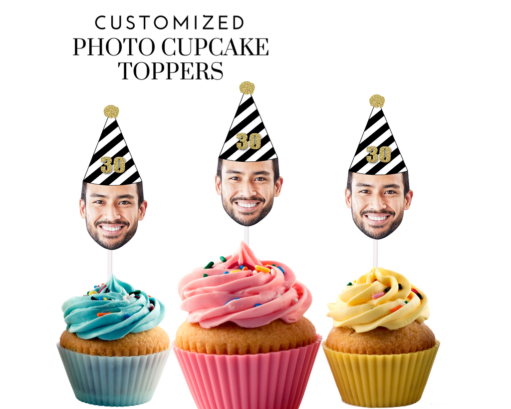 Custom photo cupcake toppers with party hat