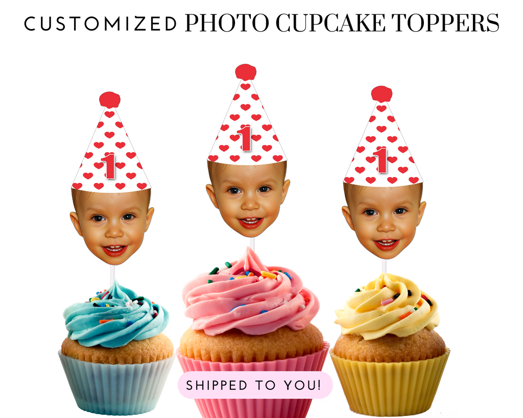 Custom photo cupcake toppers with face and heart birthday hat