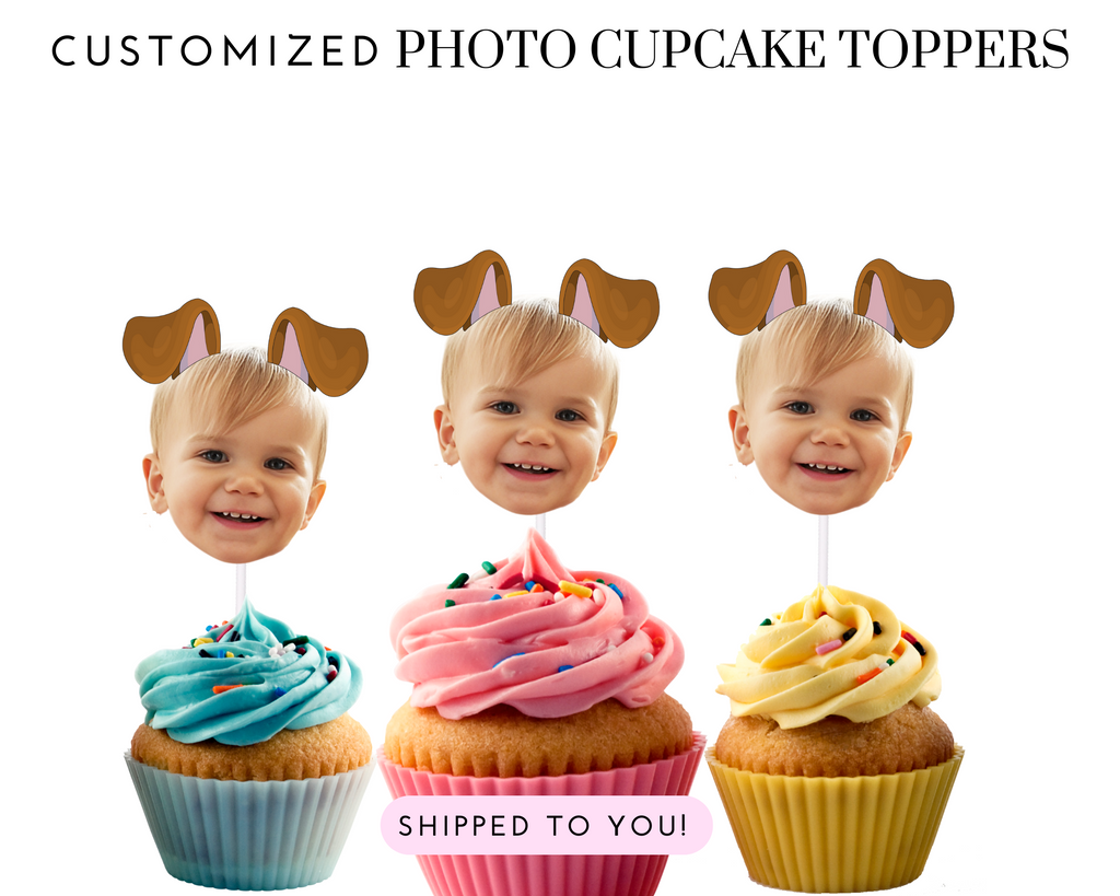 Personalized cupcake toppers with photo and dog ears for pawty