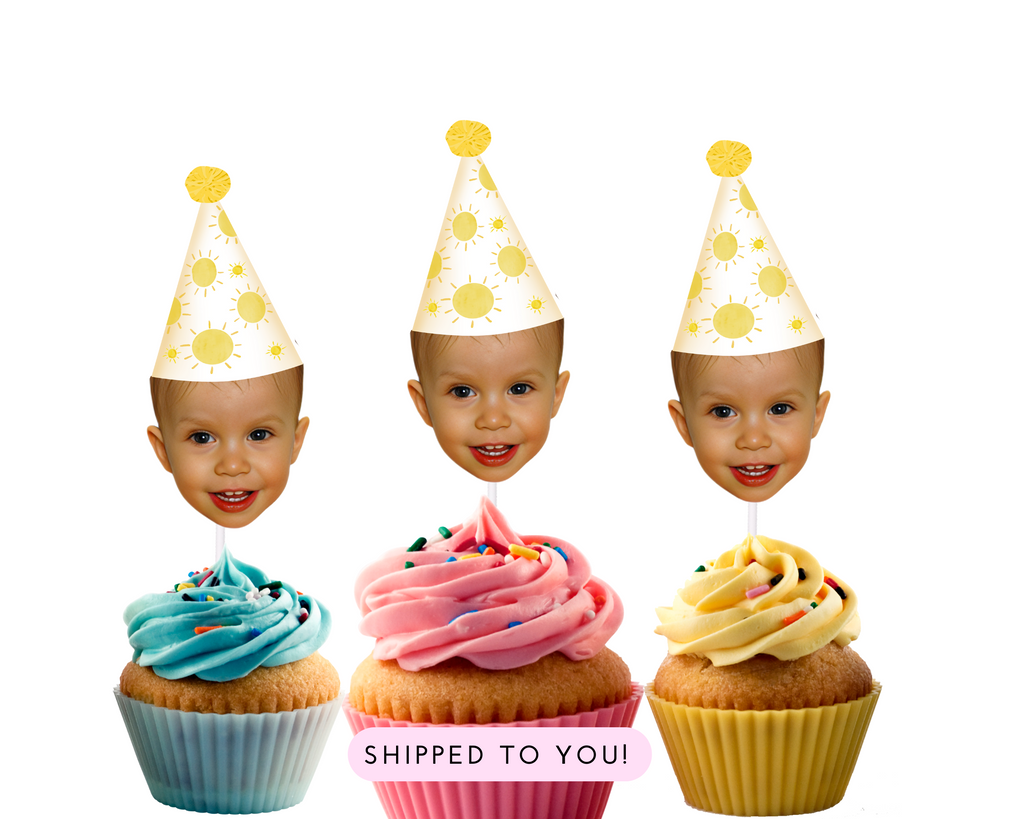 First Trip Around The Sun Cupcake Toppers with Face and Birthday Hat