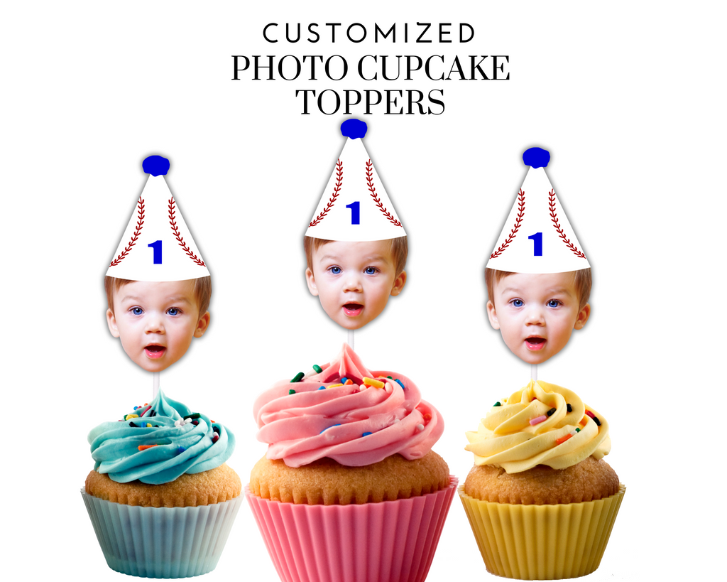 Customized photo cupcake toppers with baseball party hat on top