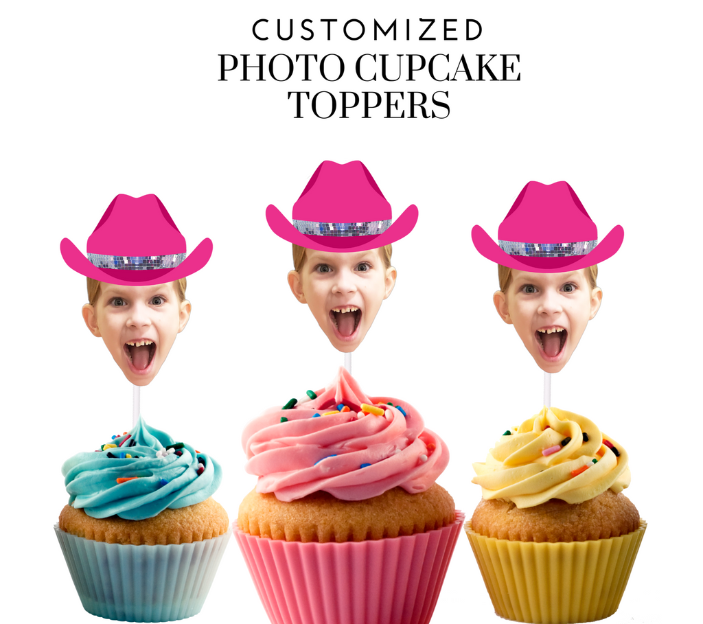 Custom disco cowgirl rodeo cupcake toppers with cwogirl hat.