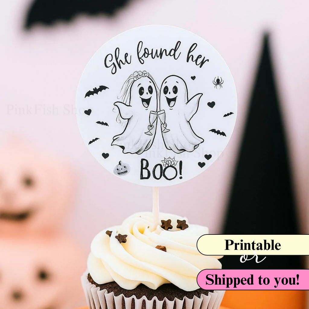Cupcake topper with bride and groom ghost holding champagne, white circle design – 'She Found Her Boo' theme