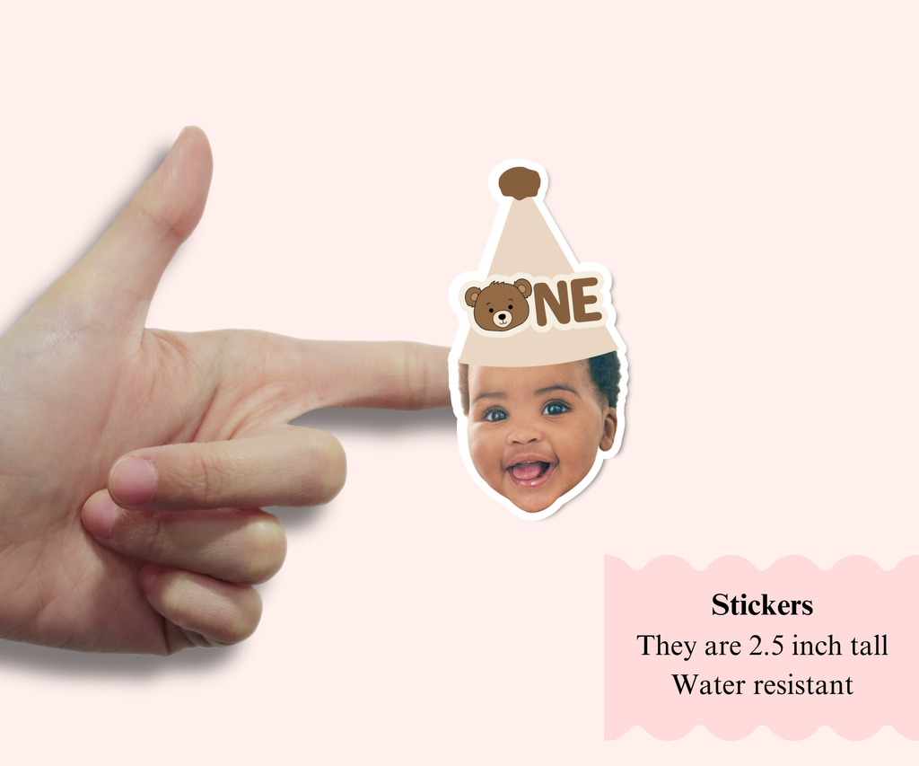 Custom first birthday stickers with baby’s photo and bear hat