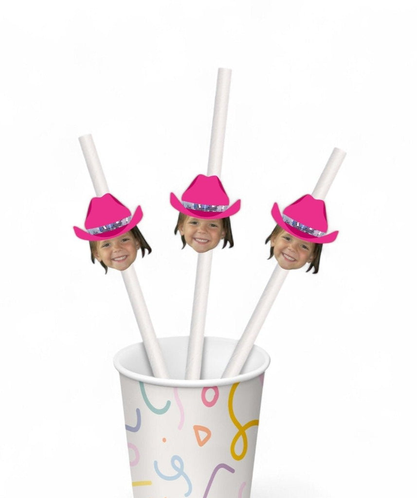 Disco cowgirl straws customized with face and pink cowgirl hat