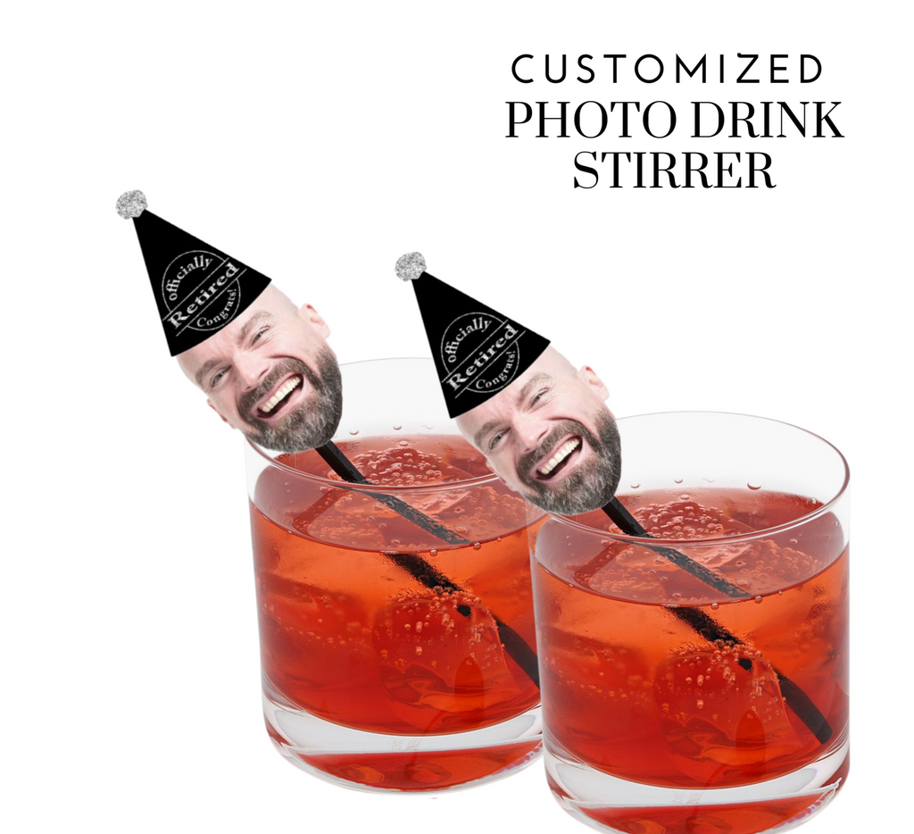 Custom retirement drink stirrers with a photo