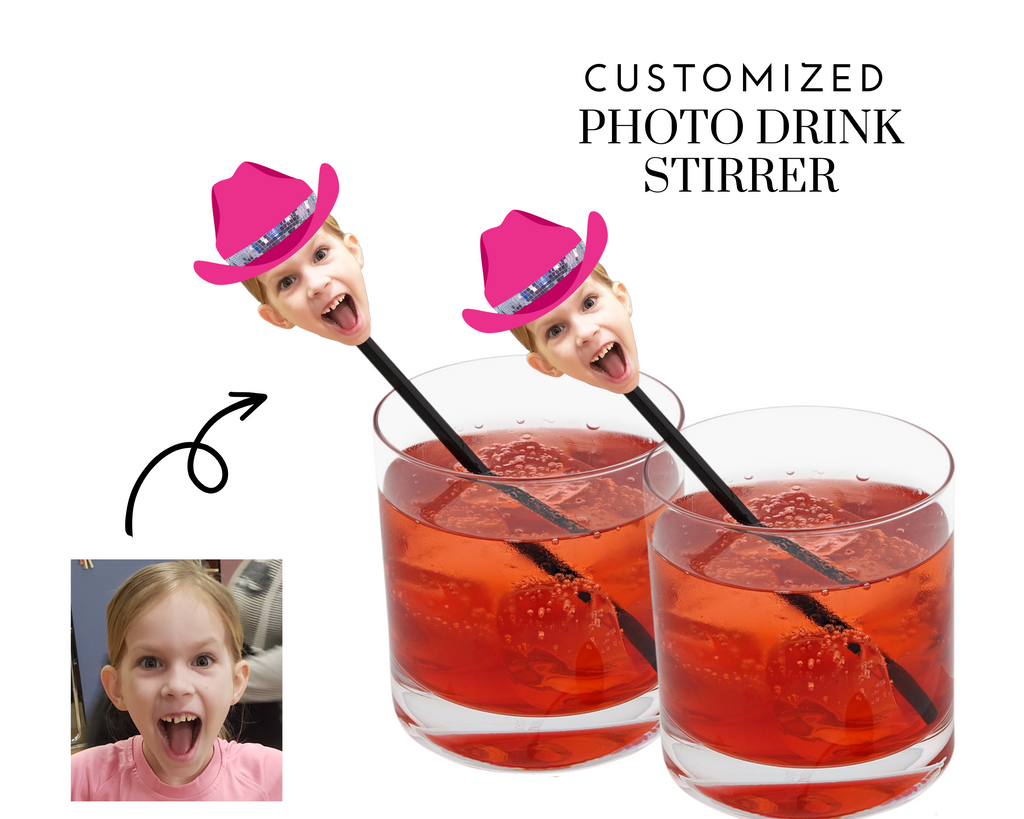 Custom photo drink stirrers with disco cowgirl hat on top.