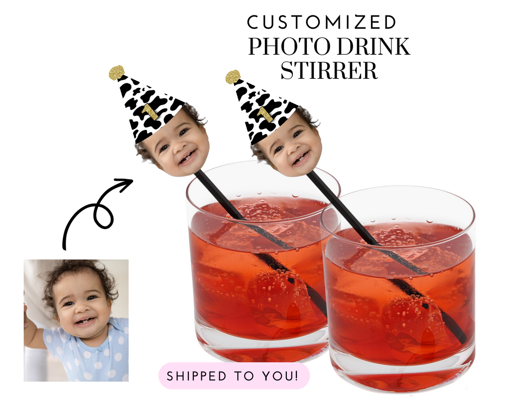 Customized photo cupcake toppers with cow print party hat