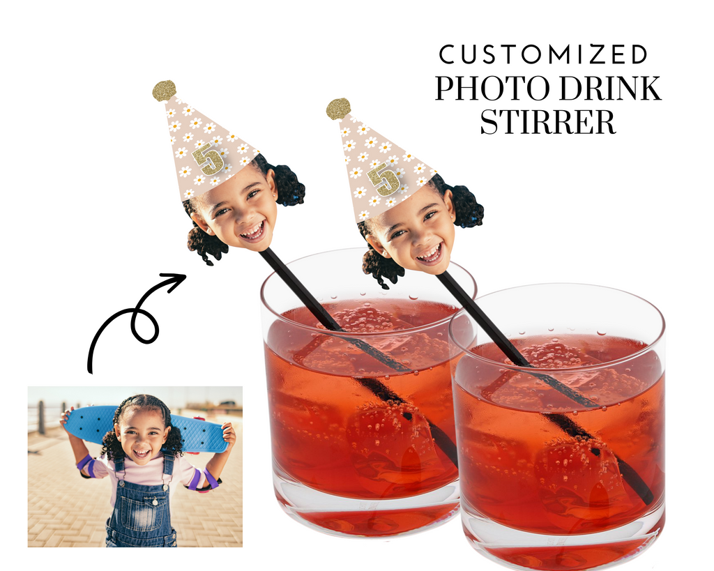 Custom photo drink stirrers with daisy party hat on top