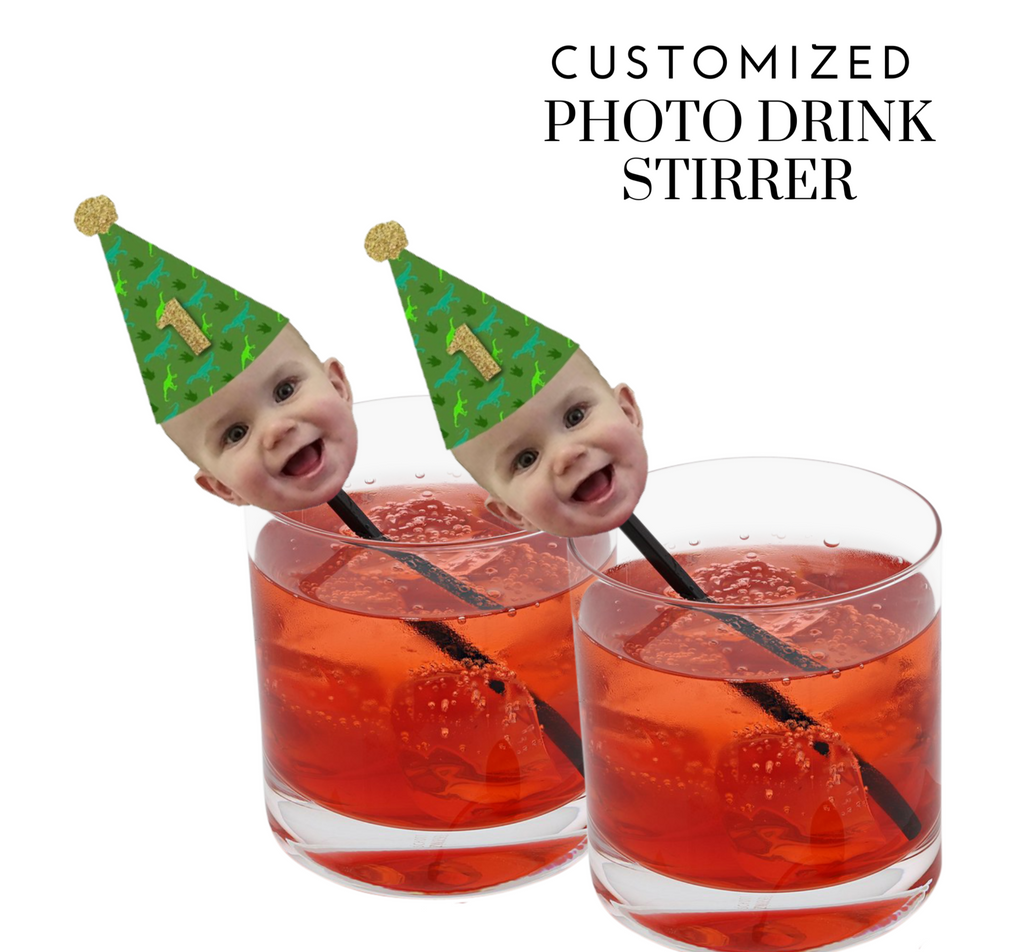 Photo drink stirrers customized with face and dinosaur party hat
