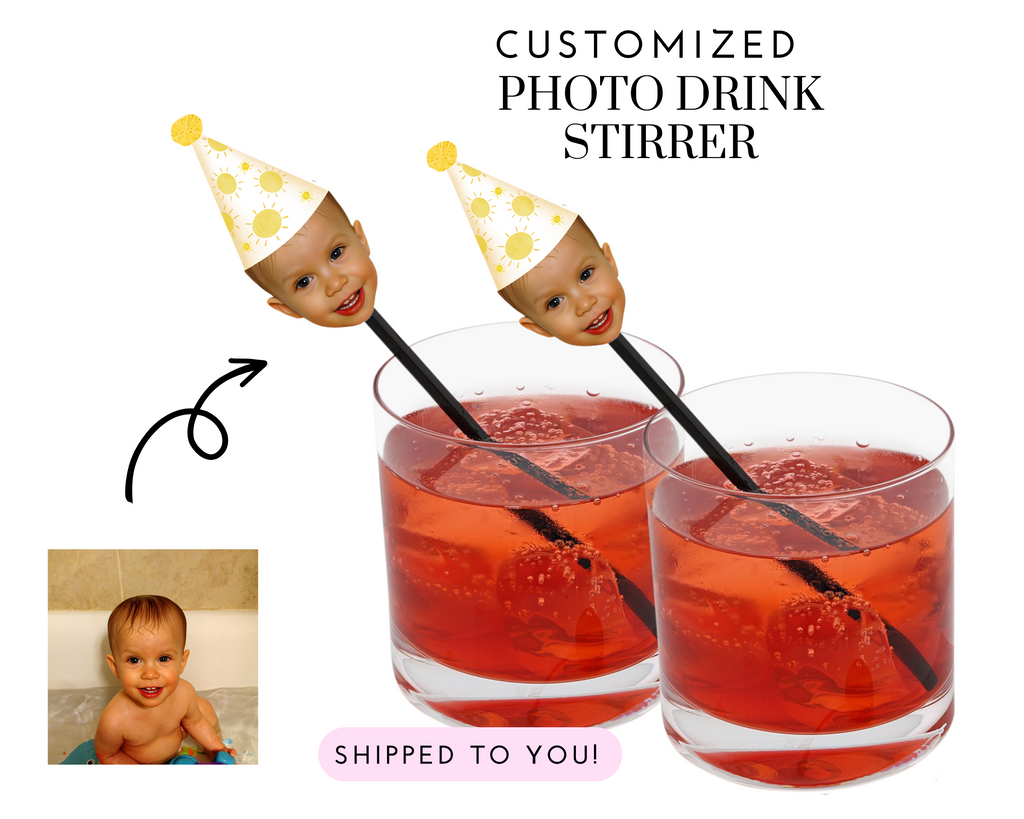 Photo drink stirrers with face and sunshine party hat for first trip around the sun party