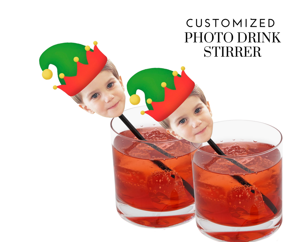 Customized photo drink stirrers with Face and elf hat