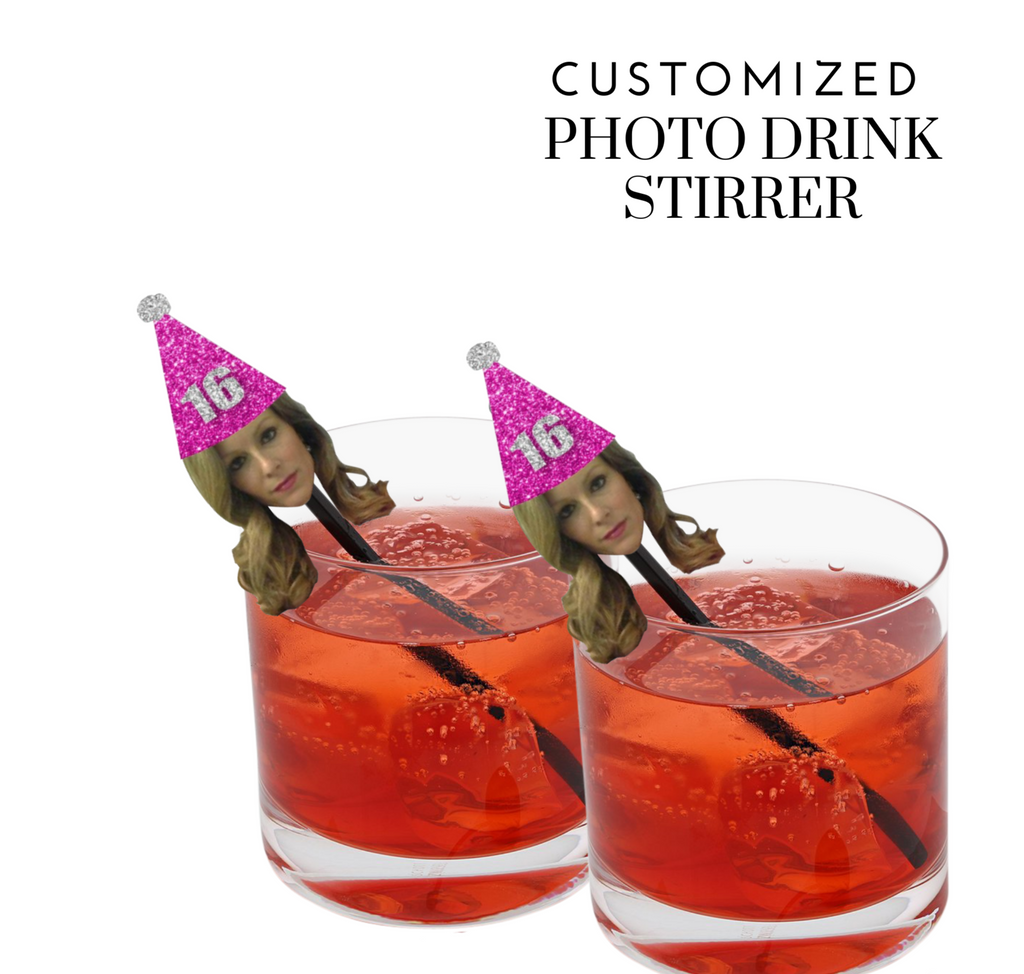 Custom photo drink stirrers with pink sparkly party hat