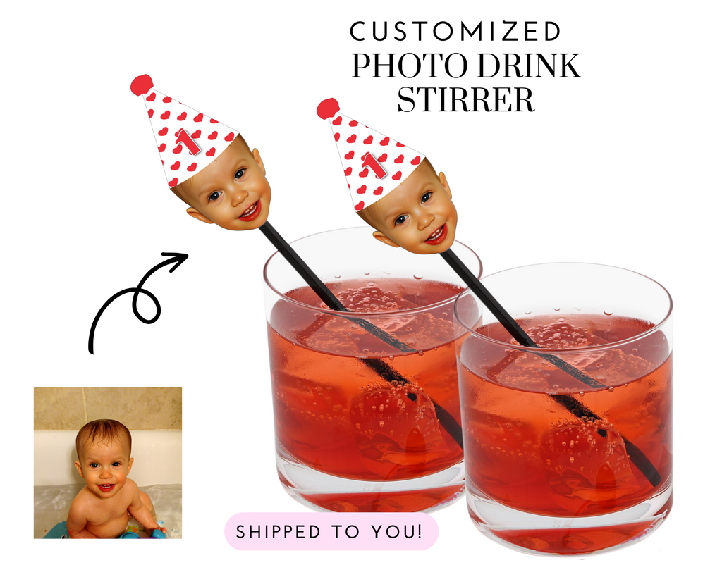 Custom photo drink stirrers with valentine hat