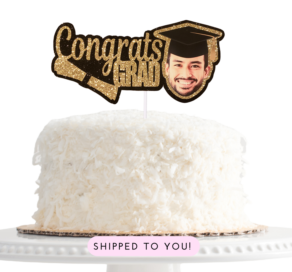 Graduation photo cake topper with face and graduation cap