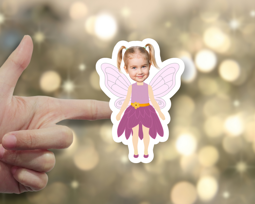 custom photo fairy stickers for a birthday party favor bags, forward facing
